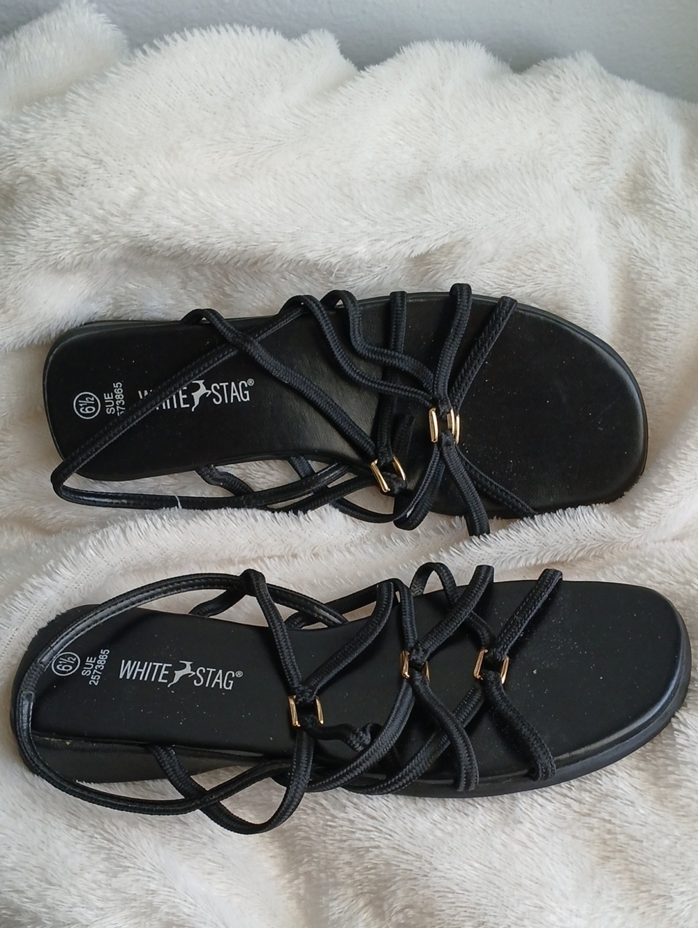 White Stag Black Strappy Lace-Up Sandals with Gold Accents